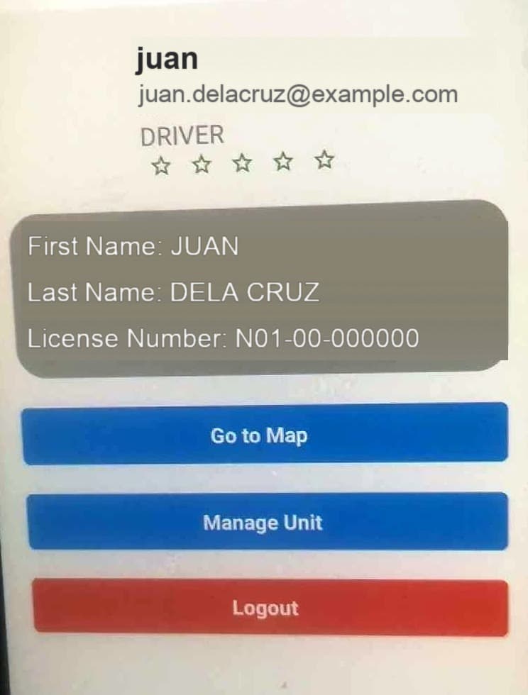 Driver profile screen showing a demo account name, role, star rating, licence number, and actions to open the map or manage a unit.