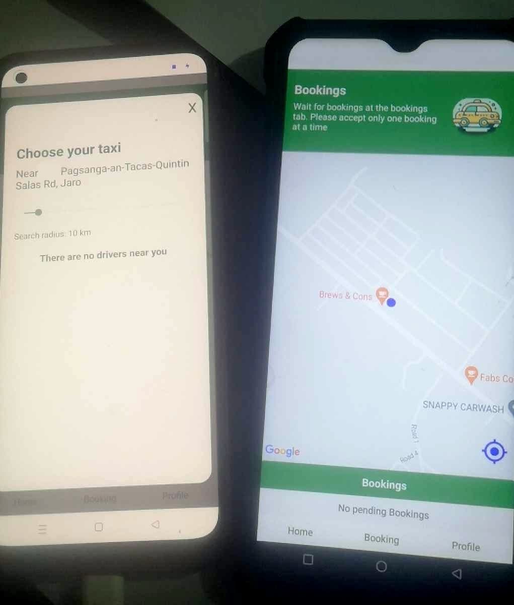 The rider app showing a pickup address with a 10 km search radius, next to the driver app showing a live map and an empty bookings queue.