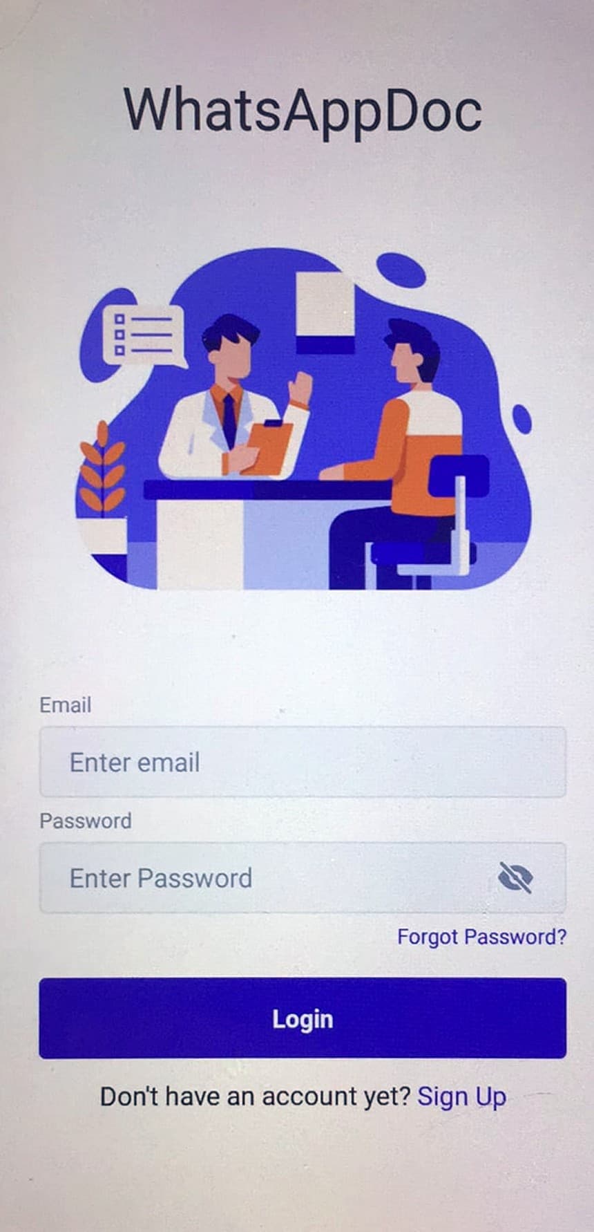 WhatsAppDoc sign-in screen with an illustration of a doctor consulting a patient, email and password fields, and a sign-up link.